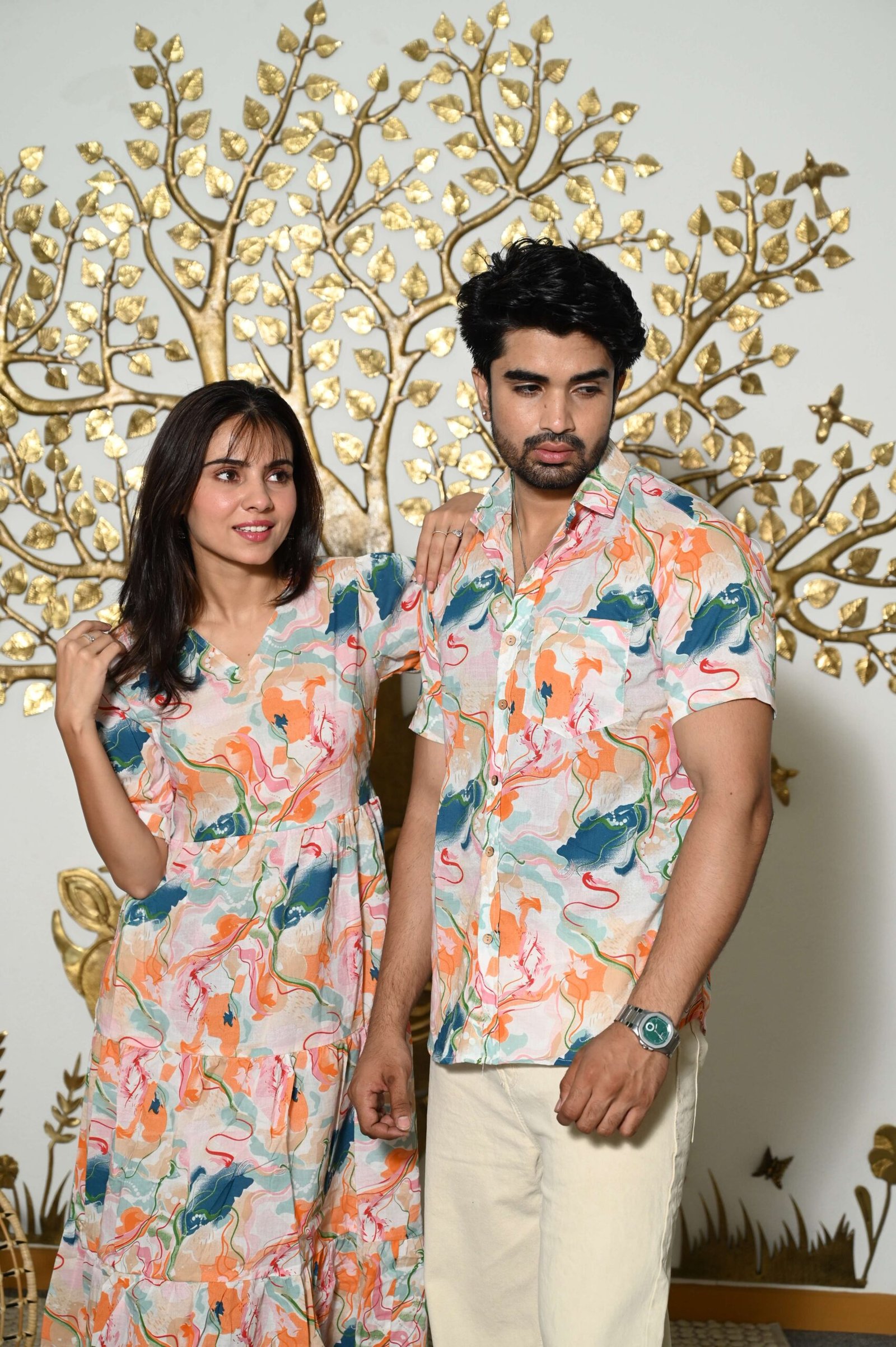 Couple Matching Abstract Print Cotton Anarkali Midi Dress & Shirt Set ? Multicolor Summer Outfit - Image 4